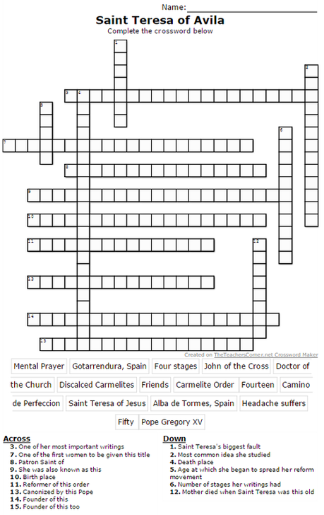 Rap Crossword Puzzle and Pictures St Teresa of Avila
